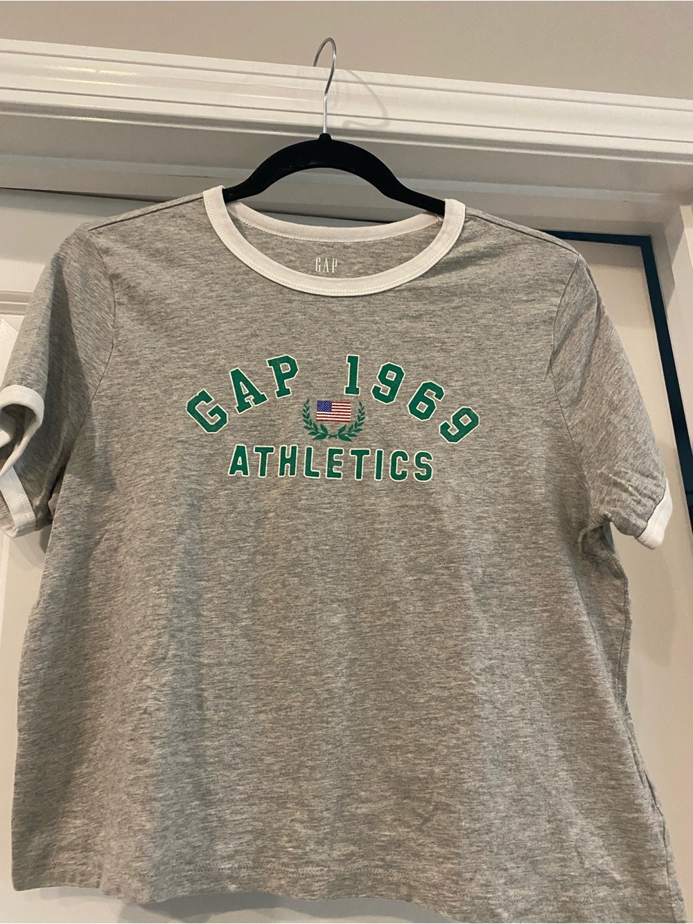GAP Grey Ringer Tee with Green Logo